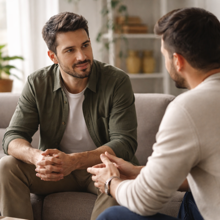 Zwei Männer sitzen sich gegenüber und führen ein ernstes Gespräch in ruhiger Atmosphäre