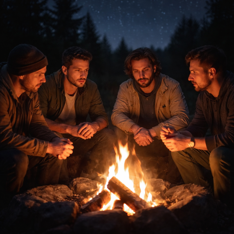 Vier Männer sitzen nachts gemeinsam um ein Feuer und wirken ruhig und nachdenklich