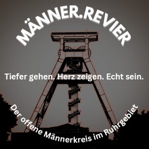 Logo des Männer.Reviers mit Förderturm im Ruhrgebiet und dem Leitsatz „Tiefer gehen. Herz zeigen. Echt sein.“