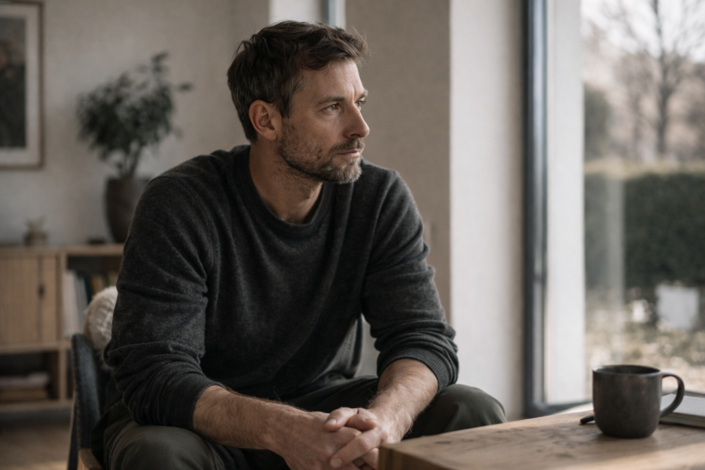 Mann sitzt am Tisch und blickt nachdenklich aus dem Fenster bei natürlichem Tageslicht