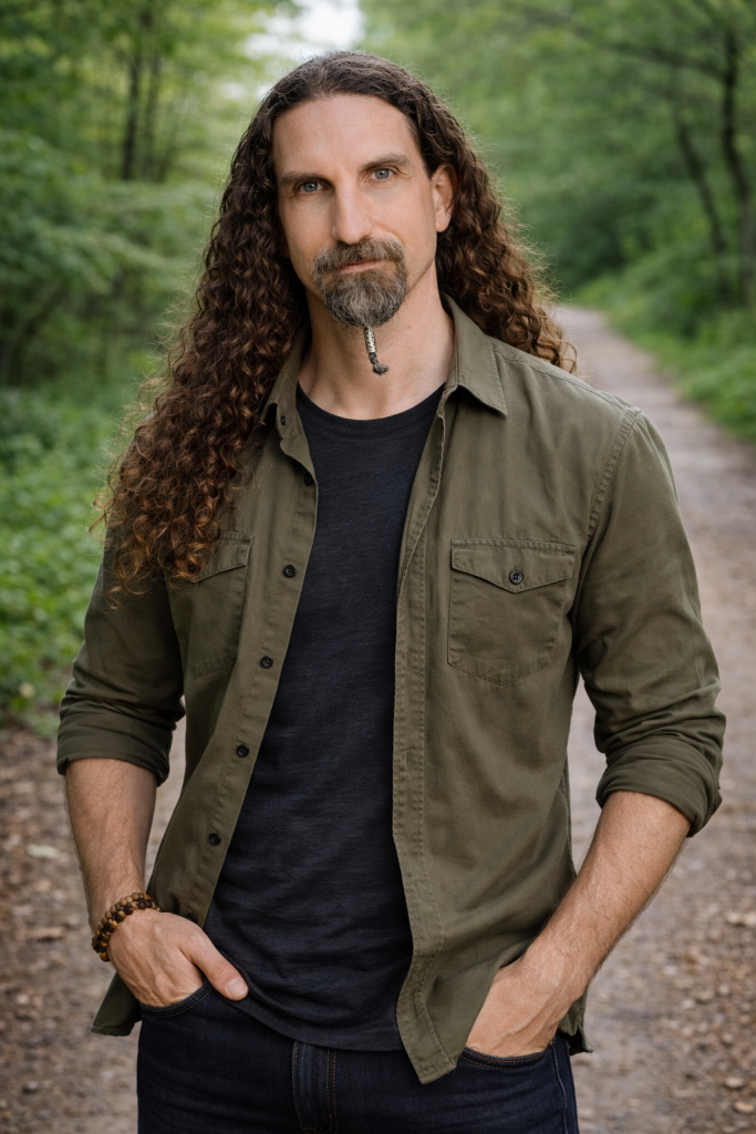 Mann mit langen Haaren und Bart steht auf einem Waldweg und blickt ruhig und direkt in die Kamera