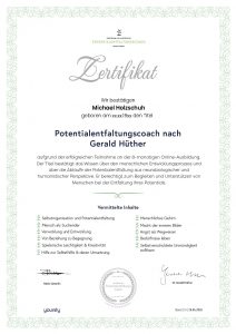 Zertifikat der Ausbildung zum Potenzialentfaltungs-Coach von Michael Holzschuh